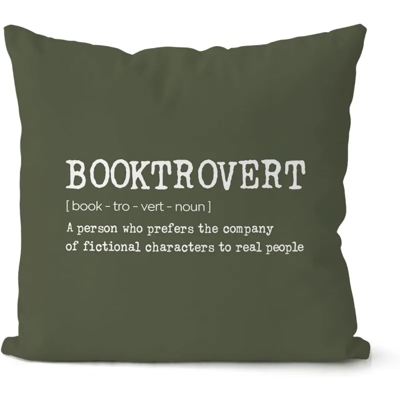 2D Flat - 1pc 2D Flat Printed Pillowcase, Featuring Olive Green Base with BOOKTROVERT Text Style, Vintage Literary Cushion Cover, Suitable for Outdoor Garden Decor