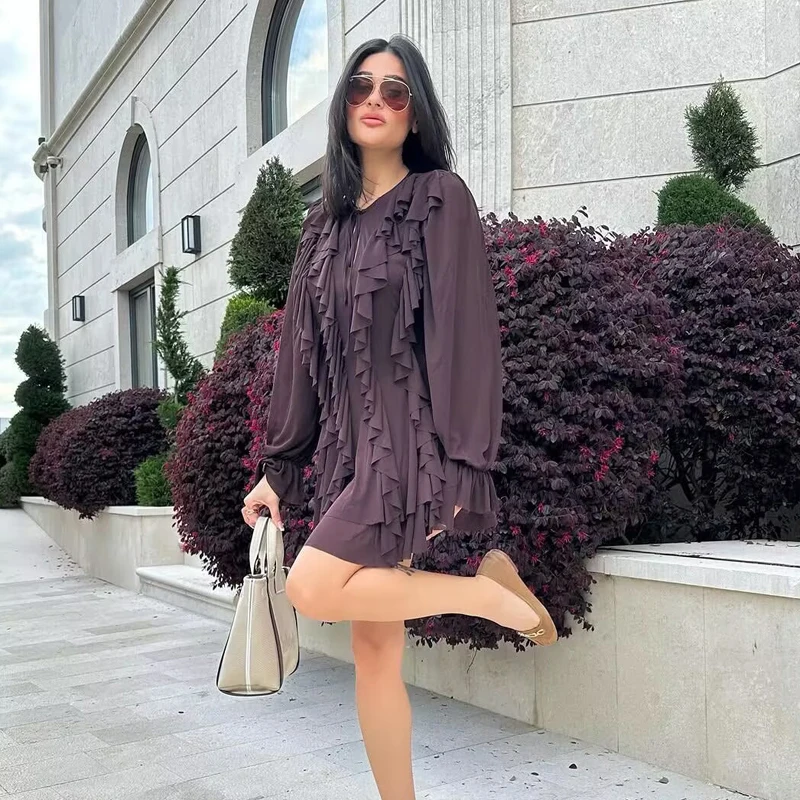 Hxao vestidos curtos 2025 mulher babados dobras vestidos de verão em camadas com decote em v vestidos de manga longa feminino marrom mini vestido de festa