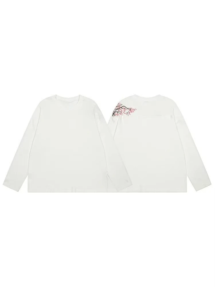 

HOUZHOU White Cherry Blossom Embroidery Women Man T-Shirts Oversized Long Sleeve Waffle Tees Solid Harajuku Casual Streetwear