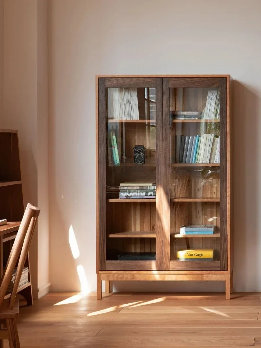 Glass Bookcase Contrast Color Minimalist Log Bookcase Bookshelf Solid Wood Floor Display Locker