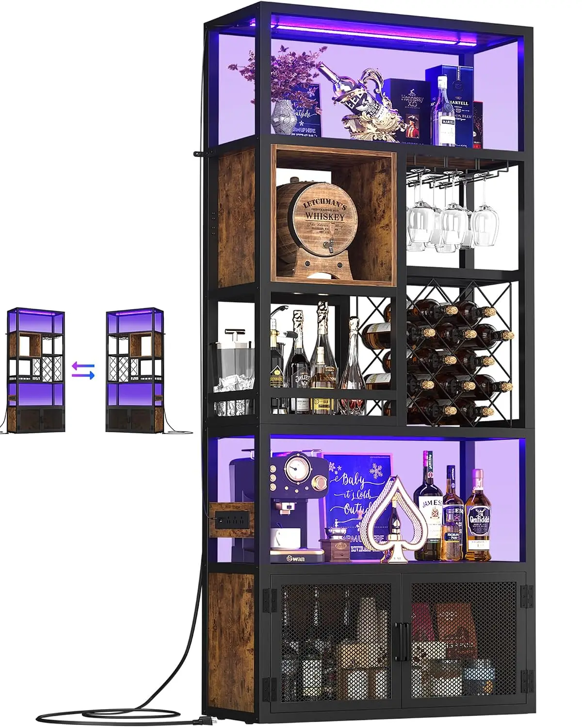 Tall Bar Cabinet with Power Outlets & LED Lights, Liquor Cabinet with Glass Holder & Wine Rack for Home, 82.6