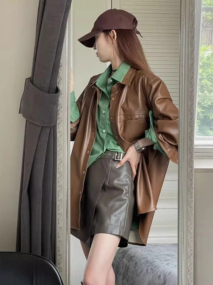 American Retro Sle Tee-Piece Set Faionable Inner irt And ort Pants Leather Jaet Outfit for Young Women