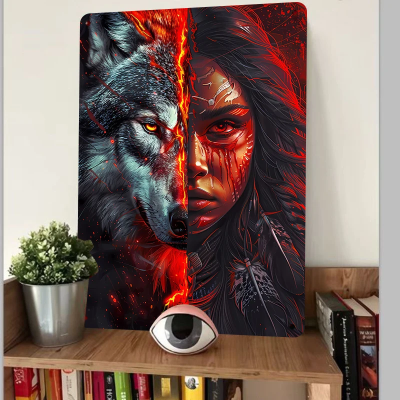 Wolf Totem Fusion Metal Wall Art, Carved Native American & Wolf Dual Portrait Decor, Tribal Spiritual Home Decoration