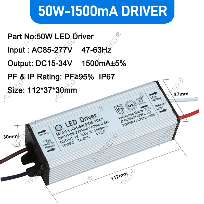 LED Driver 50W Adapter Transformer AC85V-265V to DC22-38V/30-36V/15-34V IP65 Waterproof Power Supply 1050mA 1200mA 1350mA 1500mA