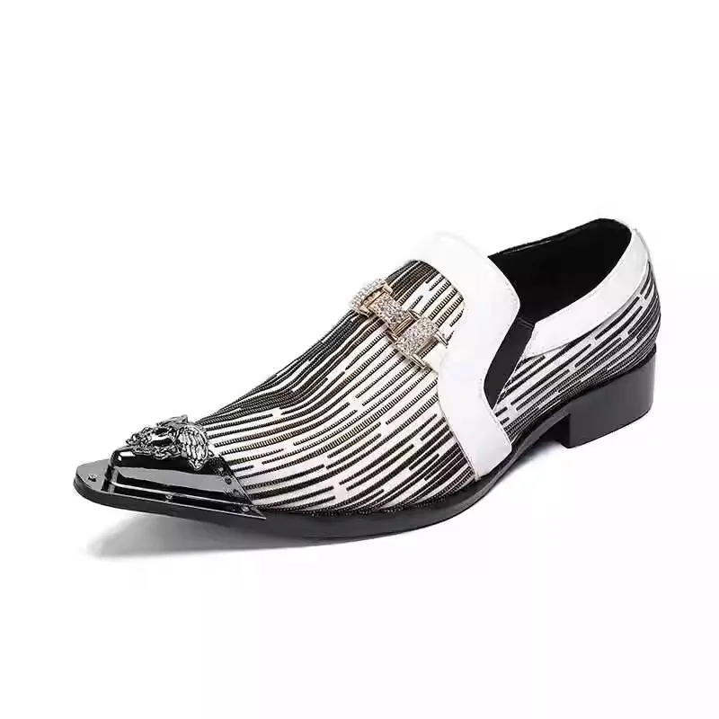 Mixed Color Metal Pointed Toe Splicing Leather Shoes for Men Rhinestones Chain Decor Shallow Slip-On Loafers Male Leisure Shoes