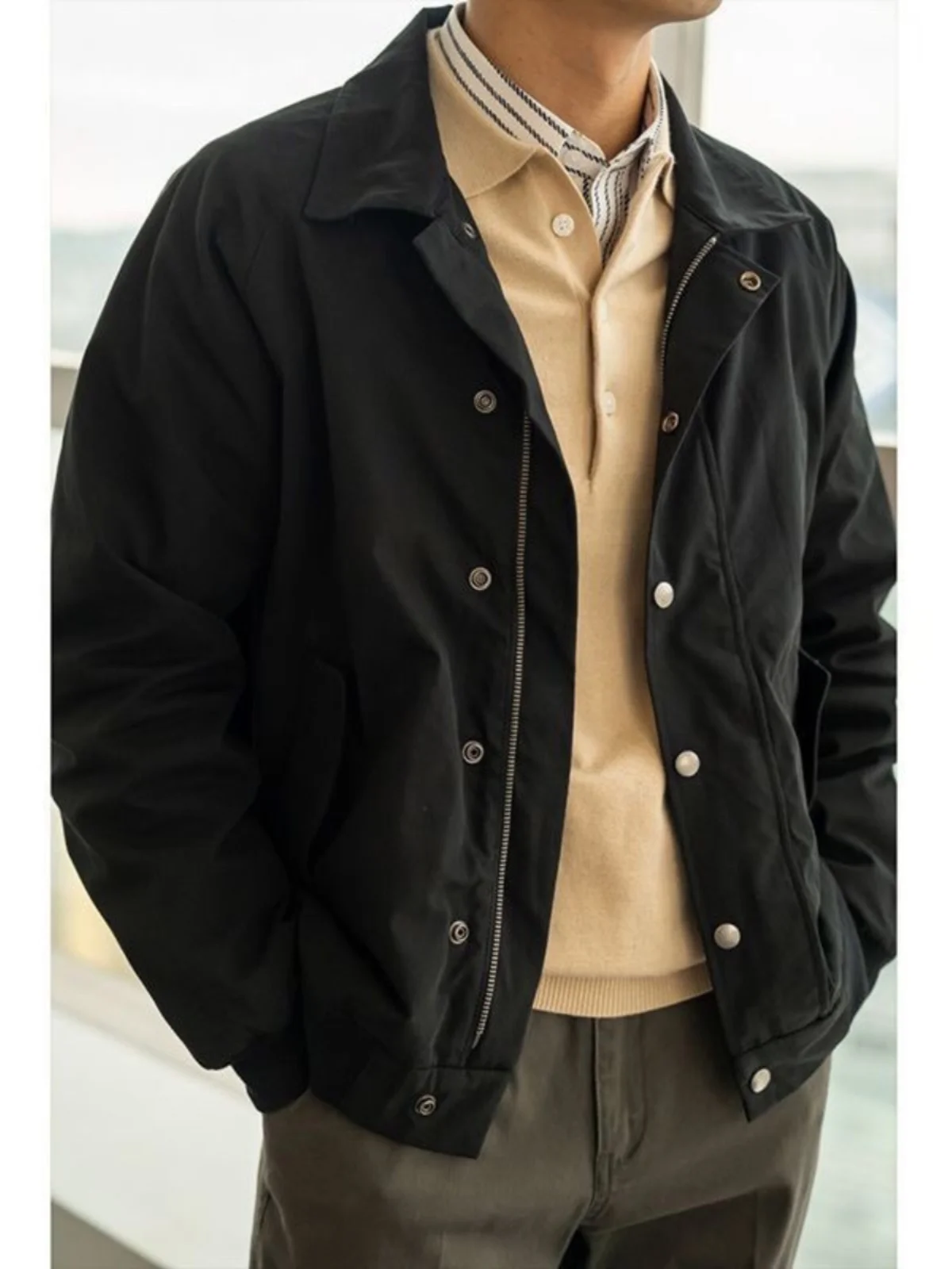 

High-End American Retro Zipper Collared Men's Jaet Basic Sle Versatile Autumn Spring Ameika Jaet Cotton Long Sve