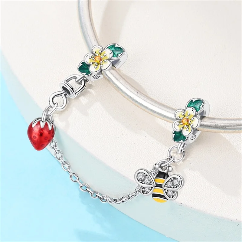 925 Silver Bee Strawberry Safety Chain Charms Lock Key Beads Pendant Fit Bracelet Bag Keychain Floral Jewelry Gift for Spring