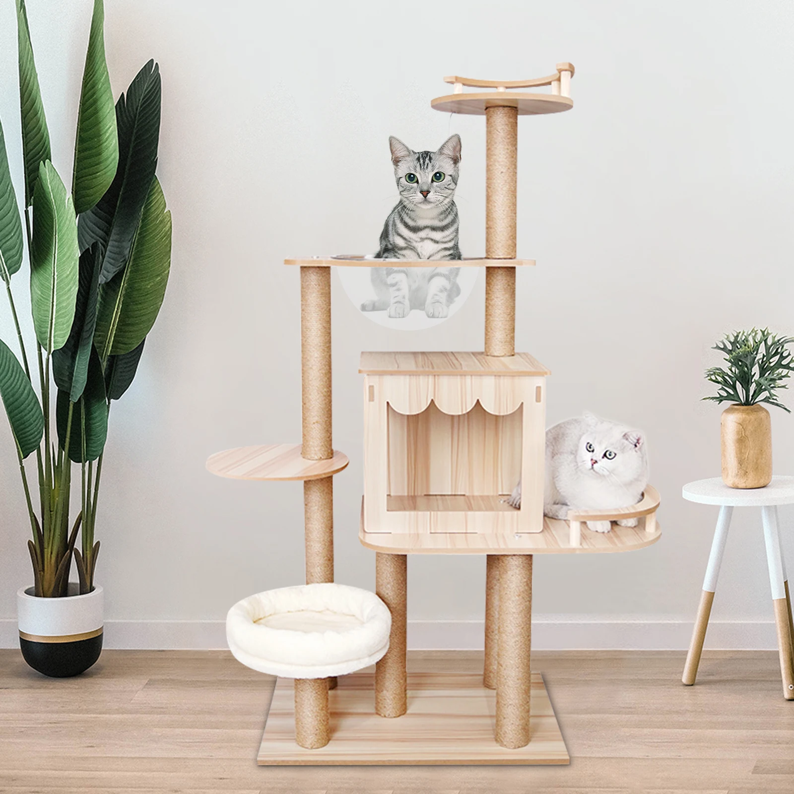 Multi-Level Wood Cat Tree Tower for Indoor All-in-one Pets Play Tree Climbing Jumping Toy Frame with Cushionss