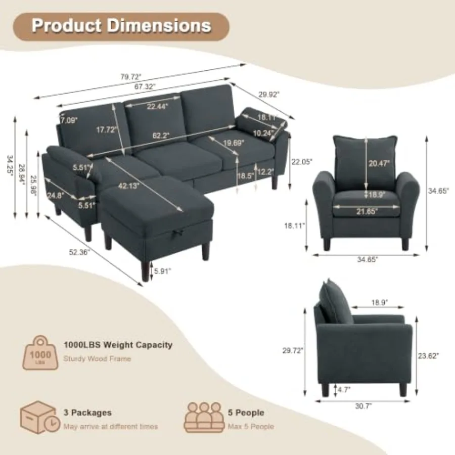 3 Pieces Sectional Sofa, Couch Set with Ottoman and Chair for Living Room