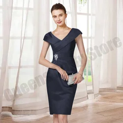 Short Mother of The Bride Dress Customized Banquet Party Dresses Navy Cap Sleeve V Neck Beading Knee Length Wedding Guest Gown