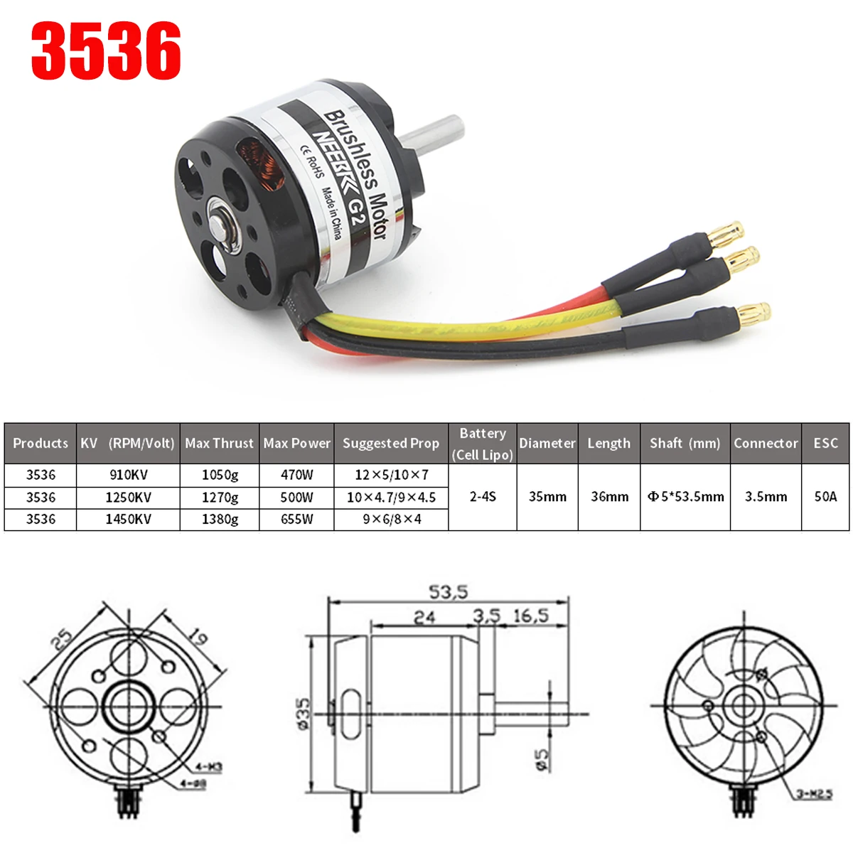 NEEBRC 3536 910KV 1250KV 1450KV Outrunner فرش السيارات 3-6S 50A ESC كومبو ل RC ثابت الجناح FPV سباق الطائرة بدون طيار كوادكوبتر