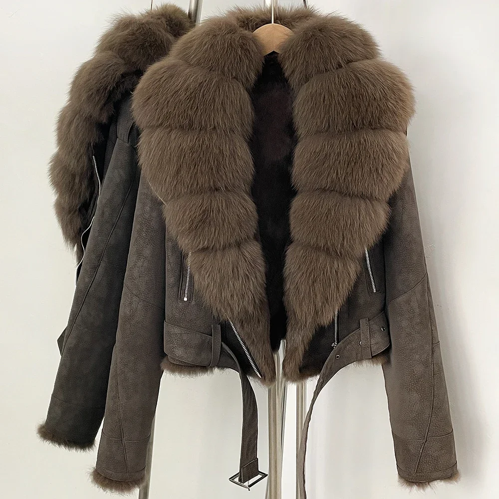 OFTBUY Luxus-Gürtel Natürlicher Kaninchenfellmantel Damen Kurze Wildlederjacke mit Echtfuchs-Fellkragen Neue Herbst-Warmbekleidung für Frauen – Detail 8