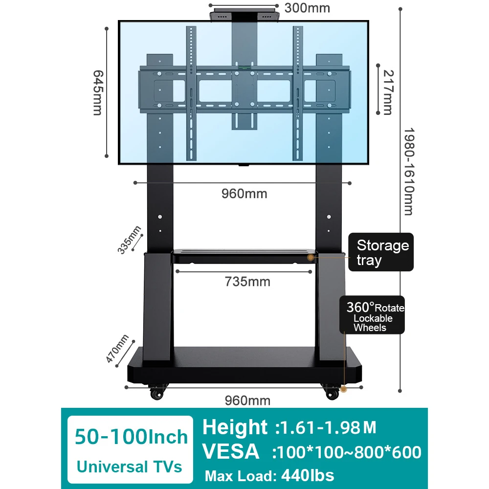 Mobile TV Cart for 55-100 Inch TVs up to 440 lbs Height Adjustable Shelf Rolling Floor Stand with Wheels Movable Portable Stand