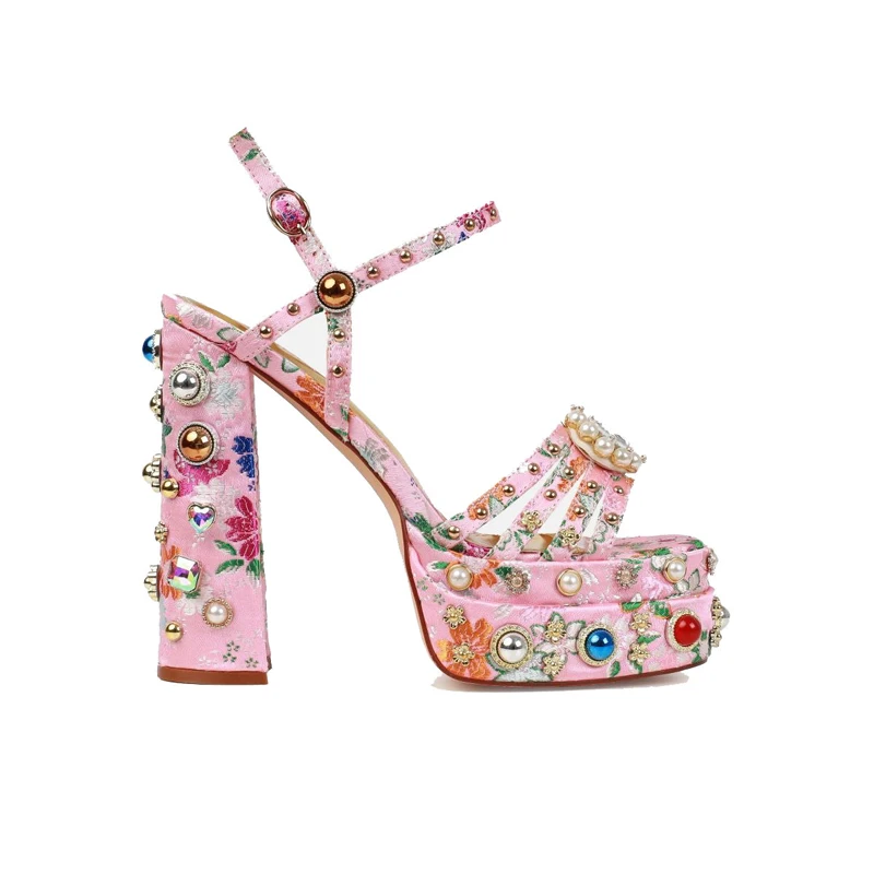 

Luxury Rhinestone Pearl Flower Rivets Platform Chunky Heels Sandals Floral Jacquard Fabric Gem Studs Strap Cutout Shoes Woman