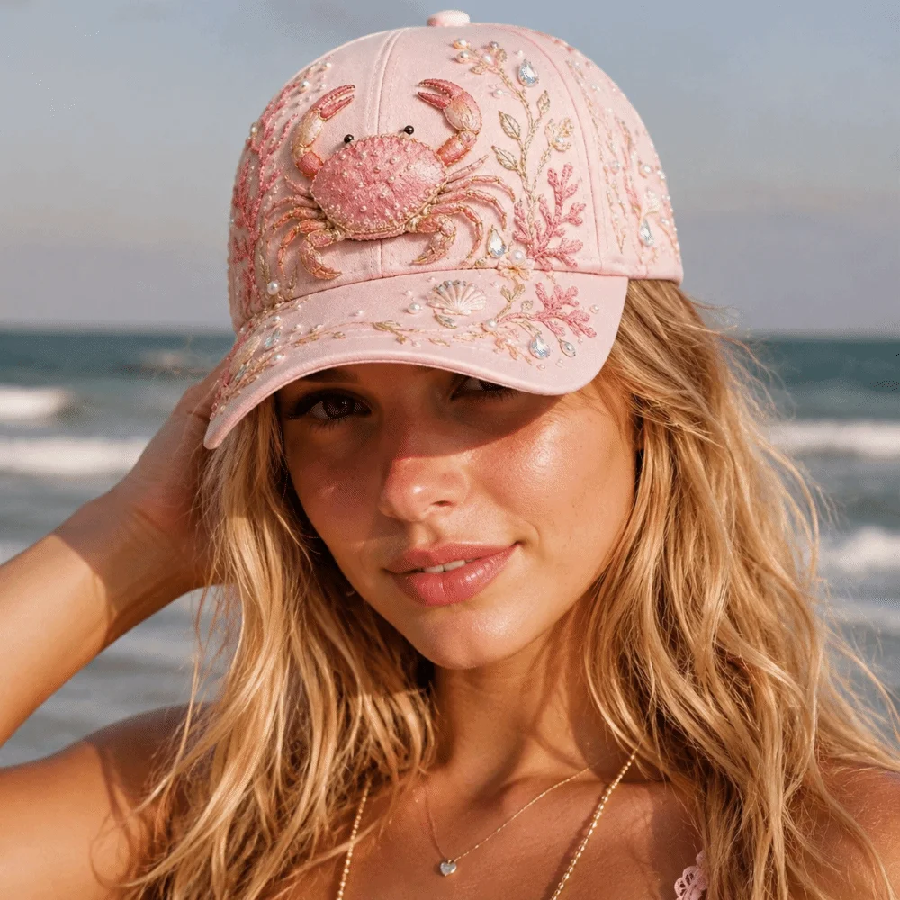 Fashion 3D Ocean Creatures Embroidery Cap Adjustable Lightweight Peaked Cap Ethnic Style Breathable Baseball Cap for Women