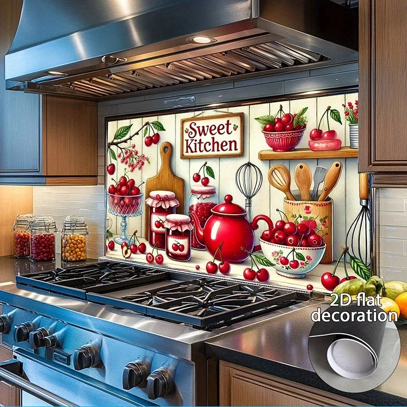 Kitchenware Wallpaper-Modern Style Sweet Cherry Fruit Jam Stickers Pegatinas De Pared Wooden Backboard Floors And Cabinets