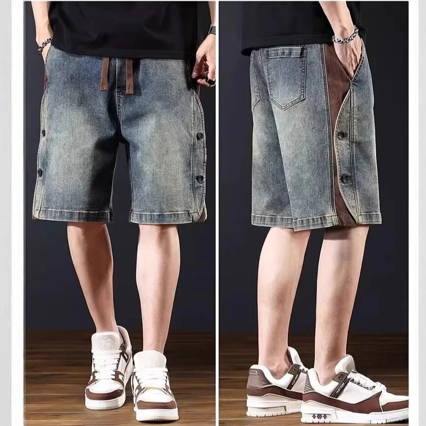American 2026 New Fashion Men's Heavy Duty Casual Trendy Elastic Wasits Wide Leg Loose Knee Length Jean Shorts Male Denim Shorts