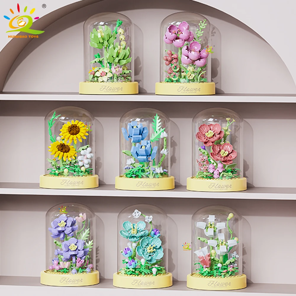 HUIQIBAO MOC Flower Display Box Micro Building Block MOC Mini Flower Mini Diamond Model Brick Toy for Children Desk Decoration