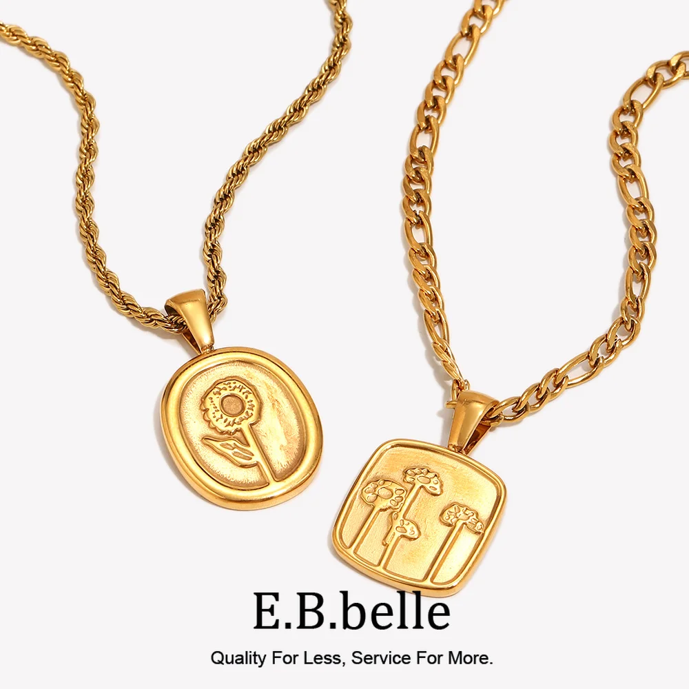 E.B.belle new vintage stainless steel figaro chain embossment Stereoscopic flowers square plate charm necklaces for women