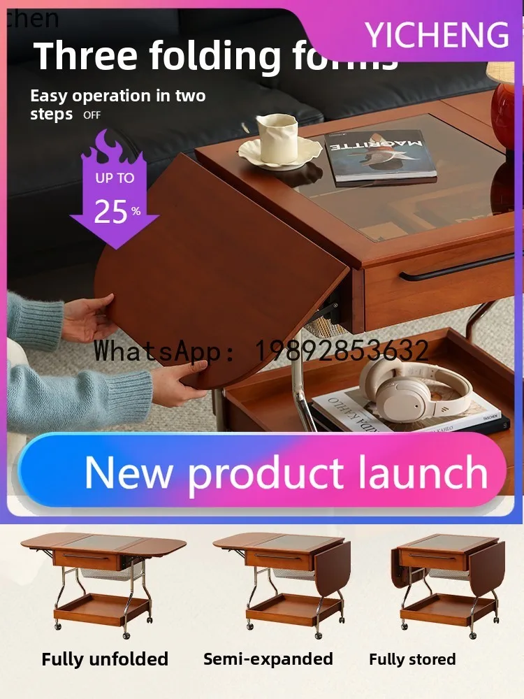 

solid wood coffee table sofa movable cart storage