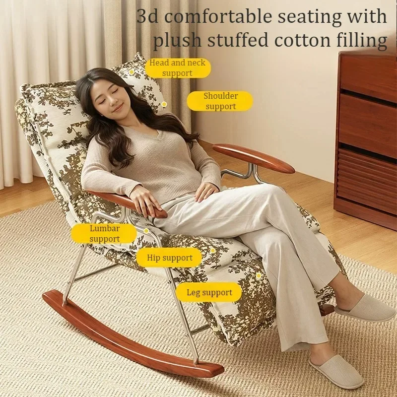 Vintage Floral Print Rocking Chair Ergonomic Recliner Armchair With Wooden Armrest Metal Frame Living Room Leisure Chaise Lounge