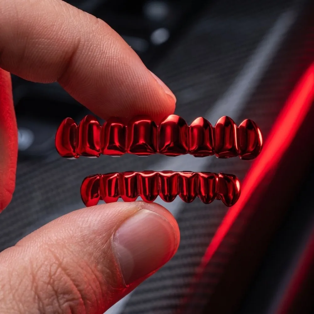 1Pcs/Set Glossy Finish Red Mirror Hip Hop Grillz Set Halloween Jewelry Shiny 8 Teeth Top Bottom Grills Punk Eco-friendly Copper