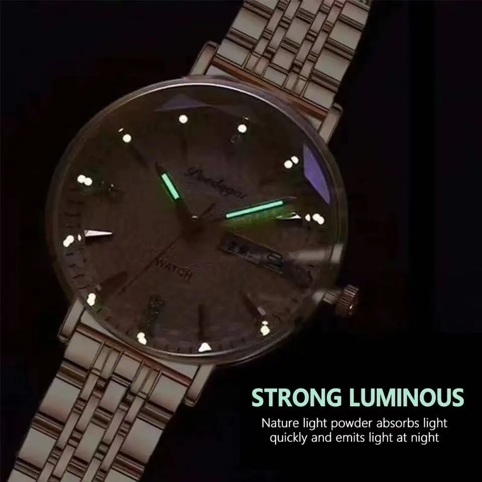 Reloj de lujo con diseño de corte de espejo para mujer, resistente al agua, luminoso, automático, con fecha, semana, movimiento de cuarzo de acero inoxidable