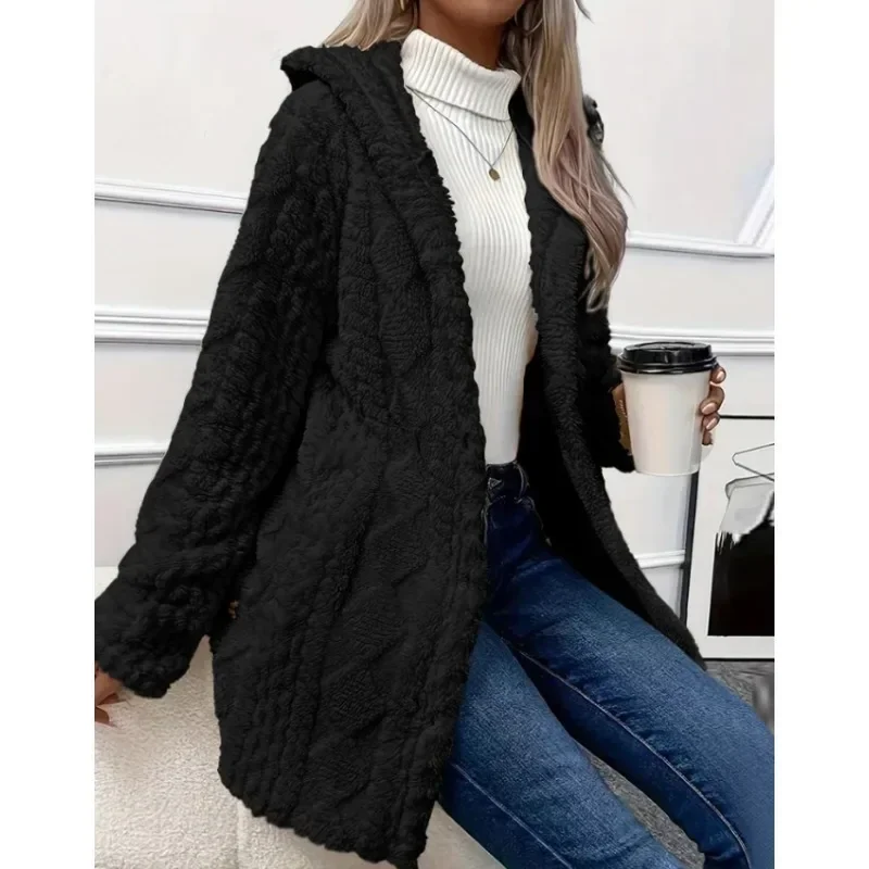 

New Women's Casual Fleece Solid Color Hooked Coat Plush jacket Ladies Fashion Long Sleeve Thickened Warm Jacket