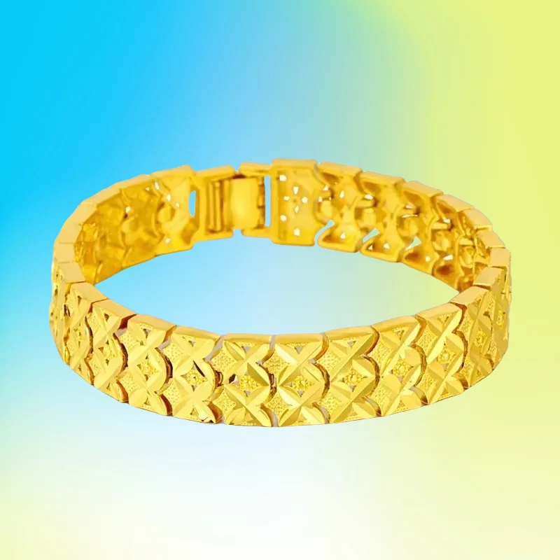

New 24K Gold Wide Edition Car Flower Watch Bracelet, 100% Real Gold for Men Father Luxury Domineering Bangles Fine Jewelry