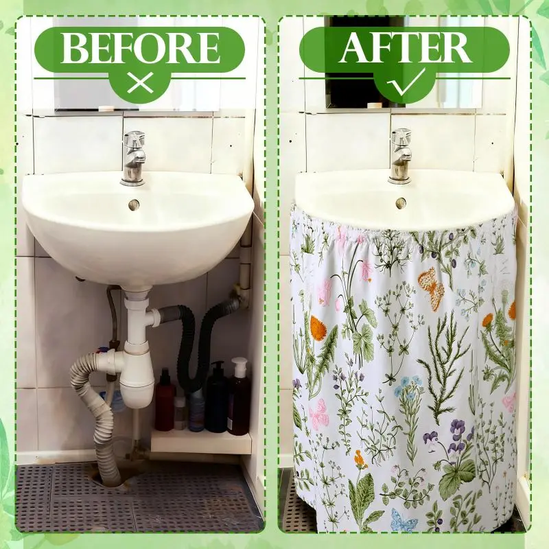 VIKAMA French Floral Butterfly Sink Skirt Hook and Loop No Drill Bathroom Curtain Wildflower Wash Basin Decor Cover