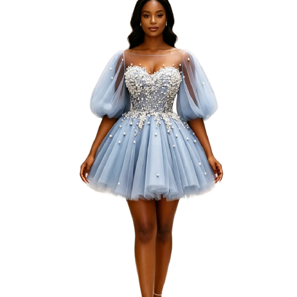 Dusty Blue Puff Bubble Homecoming Prom Dress 2026 African Black Girls A Line Mini Pearl Beaded Bodice Tulle Cocktail Dresses