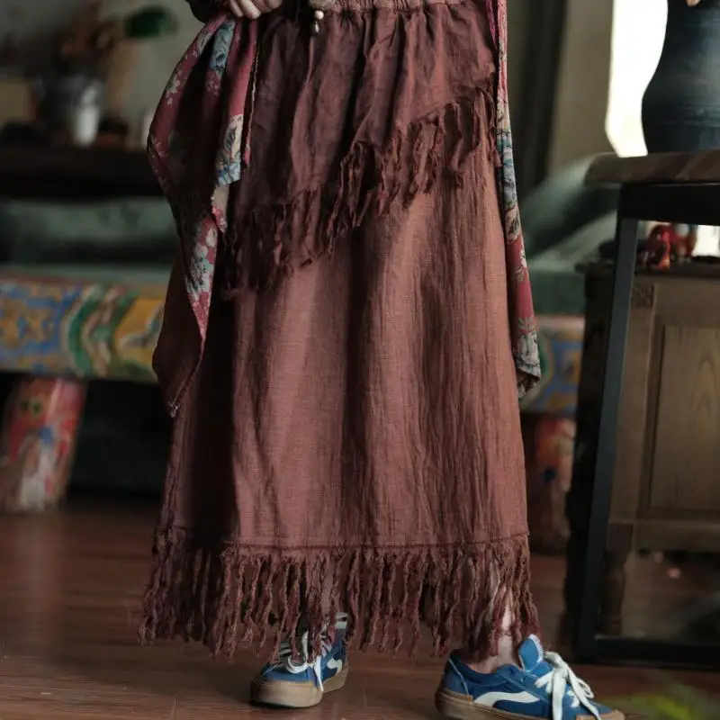

Новое поступление 2024, весна-осень, художественный стиль, женская свободная юбка трапециевидной формы с эластичной резинкой на талии, винтажные длинные юбки из хлопка и льна с кисточками