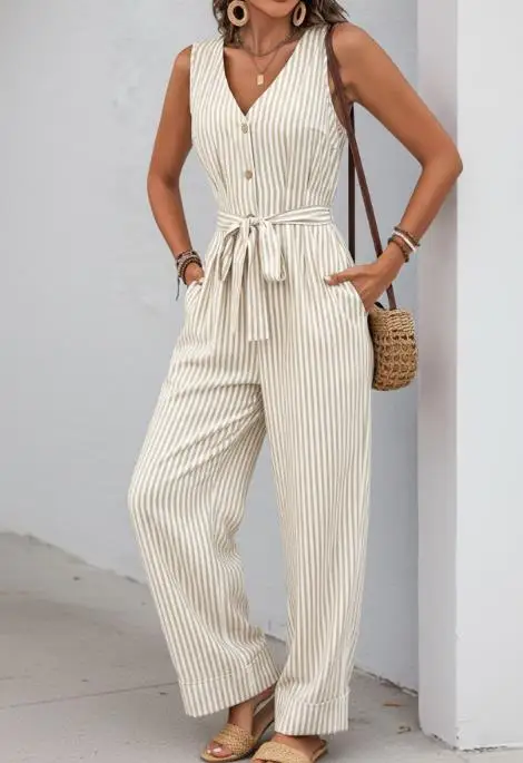 2025 Summer New Popular Casual Style Jumpsuit Sleeveless Shoulder Strap Striped Jumpsuit Pants