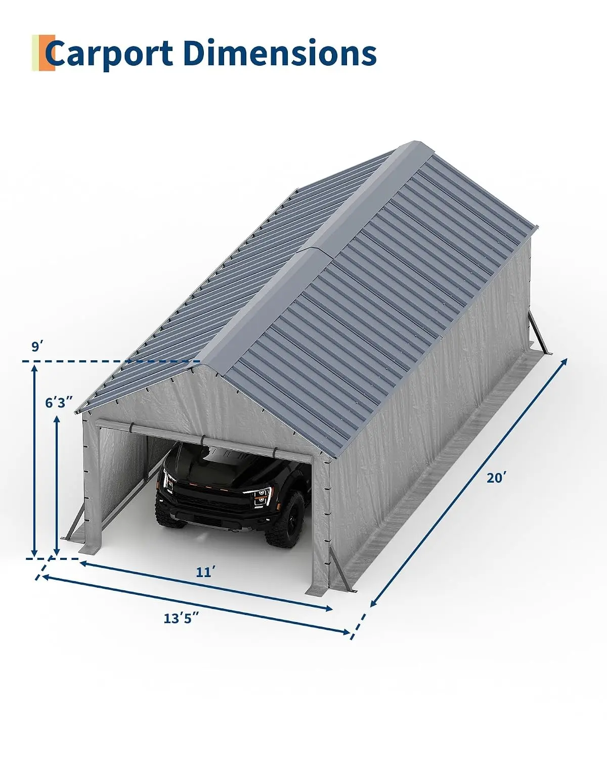 11'x20'x9' Vertical Roof Metal Carport Enclosed Heavy Duty Steel Frame All-Weather Pickup Trucks Boats Tractors, Customized
