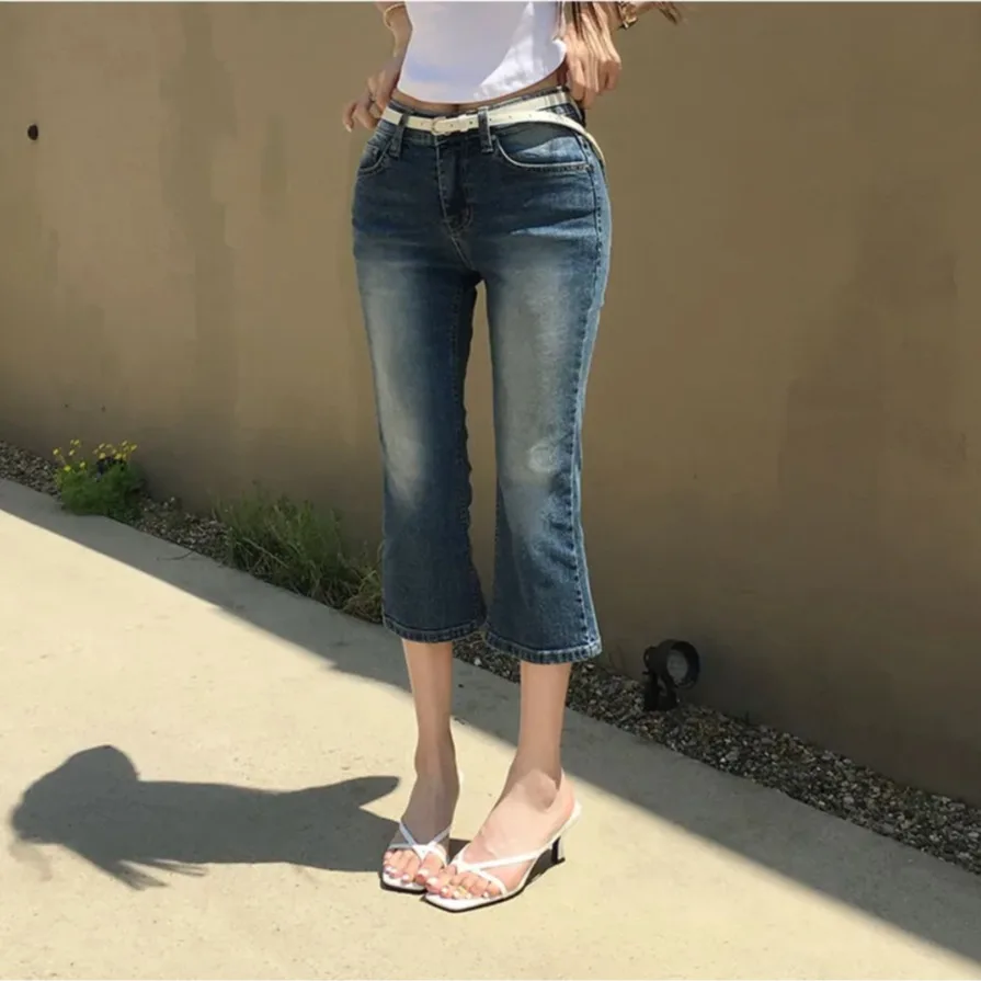 Nimo Home Vintage Washed Stretchy Denim Jeans Capri Pants Low Waist Zipper Style Casual Cotton Blue Color for Young Women