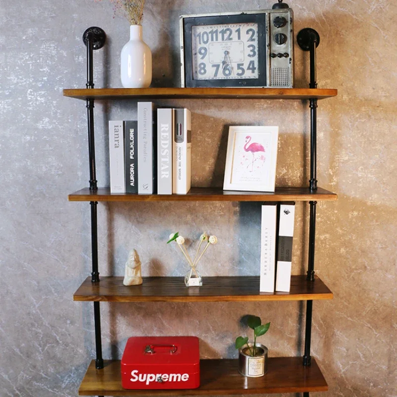 

Solid wood shelf Floor-to-ceiling multi-layer storage rack Shelf Wall hanging Creative wrought iron water pipe bookshelf