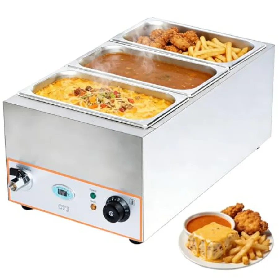 3-Pan Commercial Food Warmer - 1500W Electric Steam Table Food Warmer 3x5.3 QT Stainless Steel Bain Marie with Drain Faucet Buf