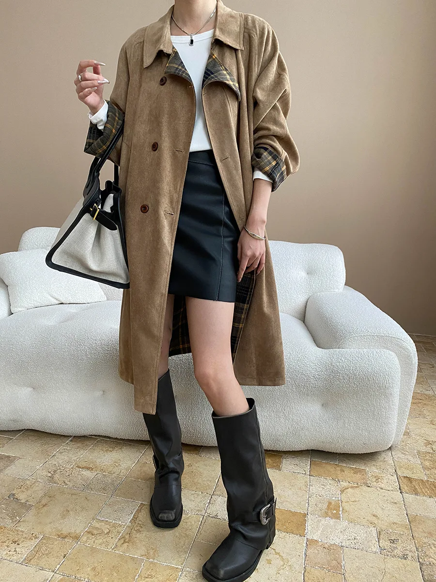 

Reversible Retro Plaid Patchwork British Style Coat Made Of Imitation Suede
