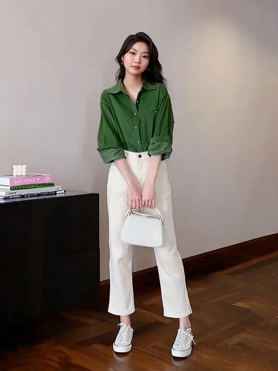 قمصان نسائية كلاسيكية بأكمام طويلة باللون الأخضر للخريف والشتاء بلوزات غير رسمية بياقة مقلوبة للسيدات سترات قميص نسائية