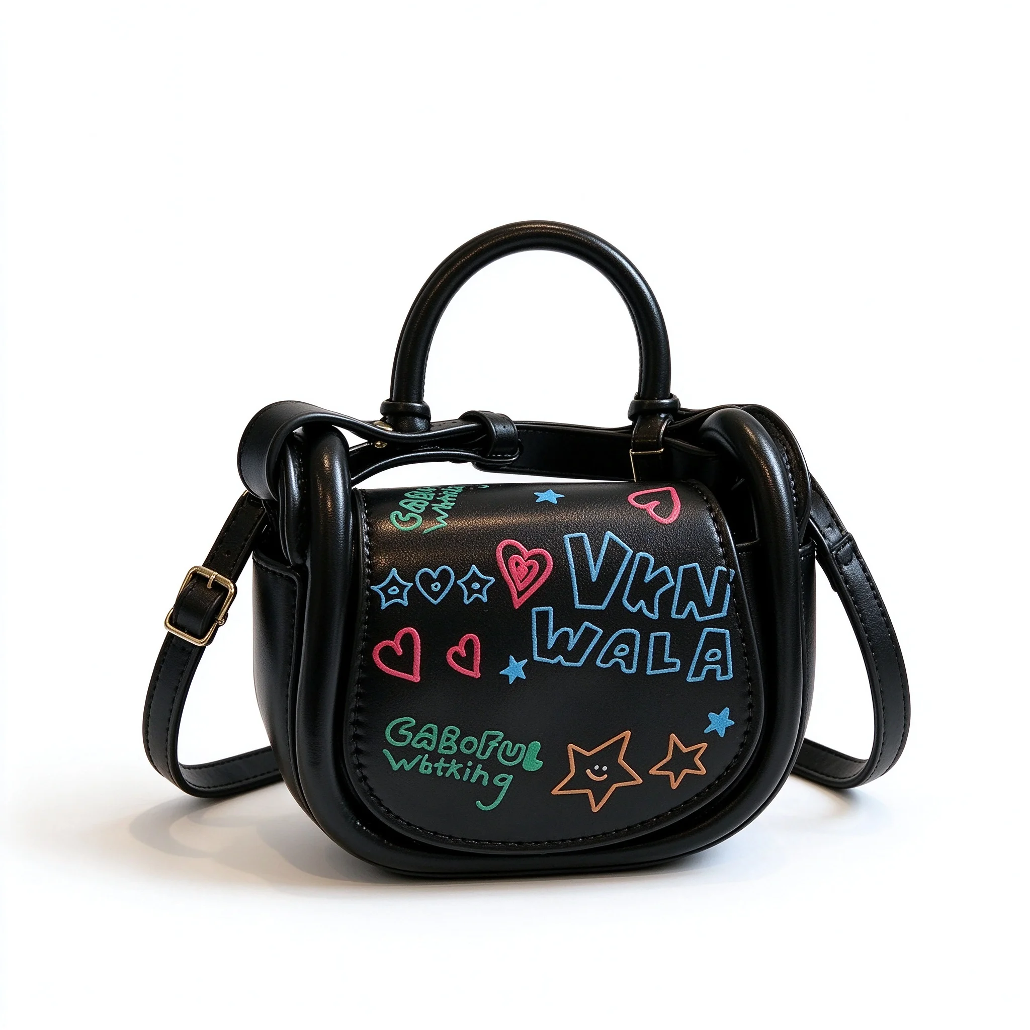 Black Whit Sliver Rabbit Letter Cute Graffiti Doodle Mini Saddle Bag Cartoon Bunny Crossbody Purse Top Handle Handbag for Girls