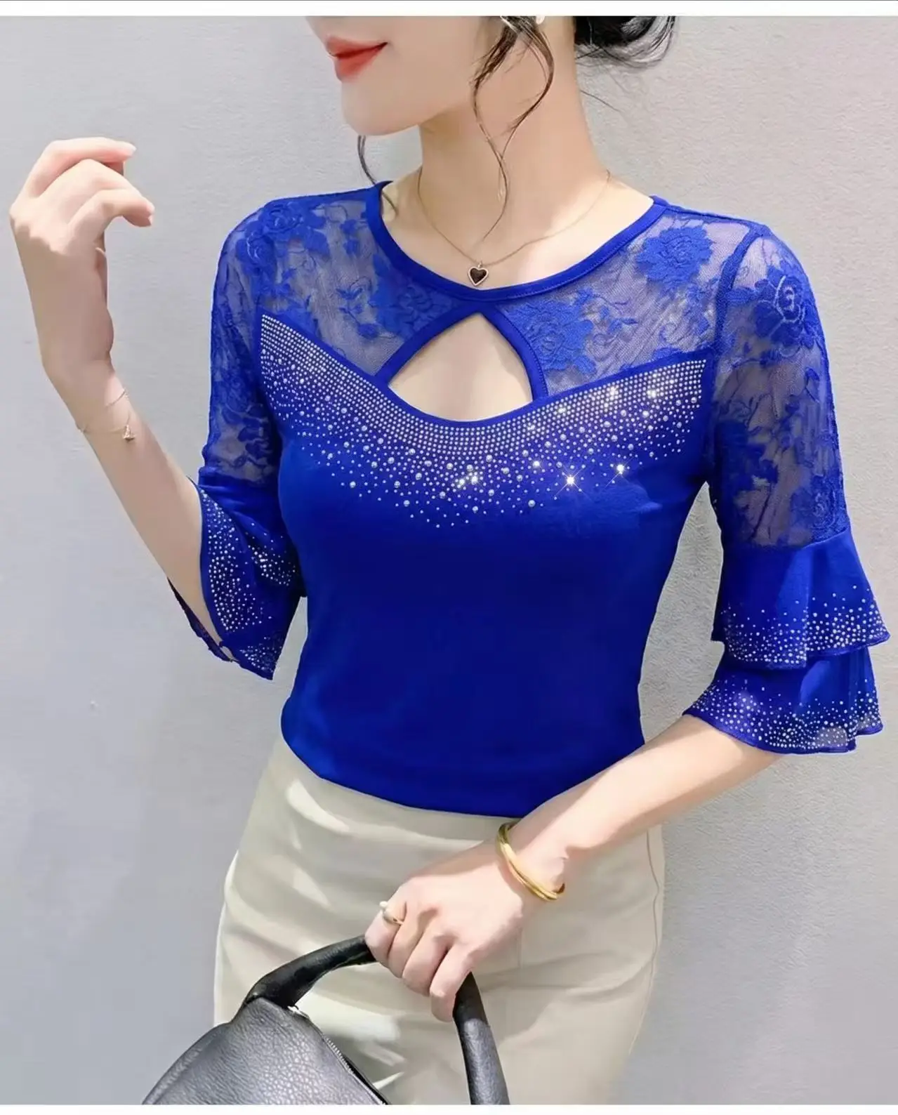 Women's 2026 Summer O-Neck Hollow Out Mesh Top Chic Rhinestone Embellished Mid-Sleeve T-Shirt, Slim Fit Sheer Blouse