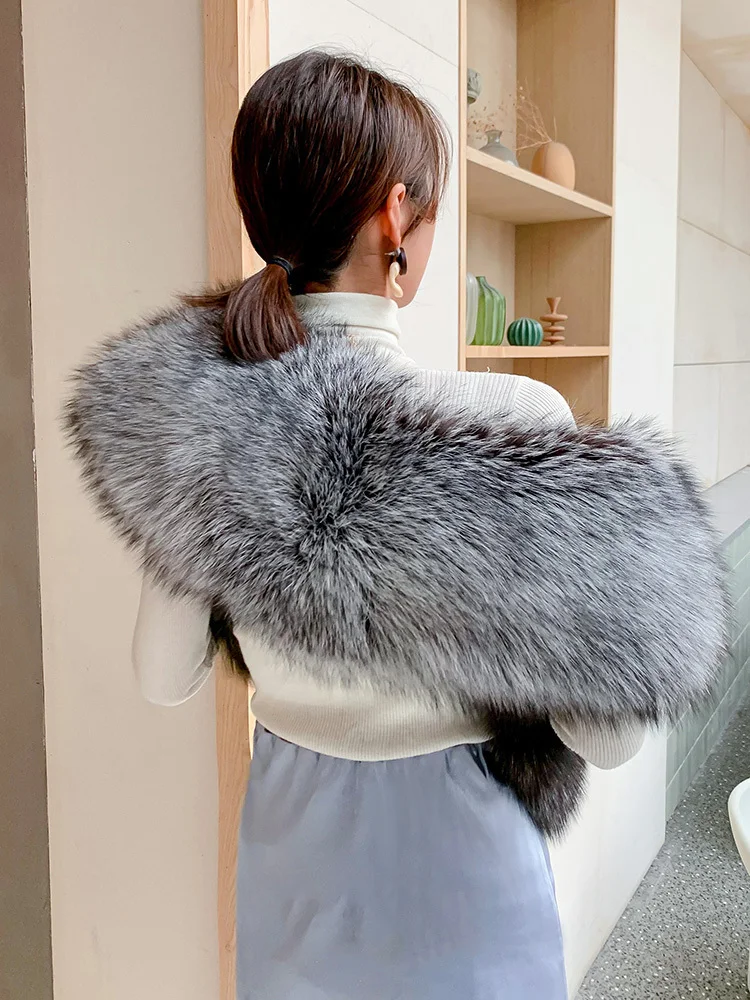 Elegant Silver Fox Large Fur Shawl For Women Winter Warm Real Fox Fur Scarf Luxury Fashion Show Banquet Capes Neck Wamer Scarves