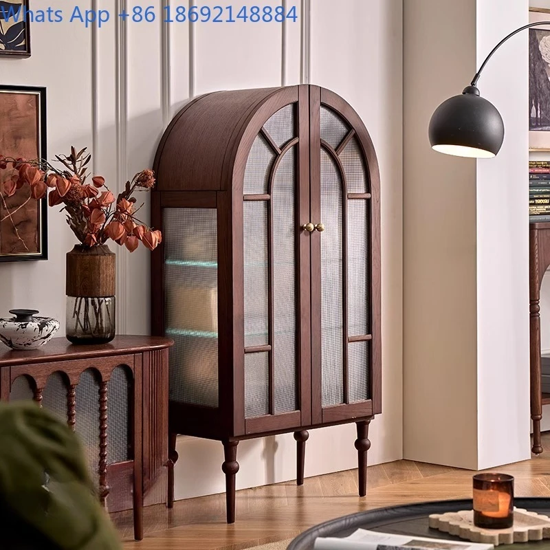 French Vintage Solid Wood Curved Sideboard Two Door Storage Cabinet Black Wall Mounted Glass Display Cupboard
