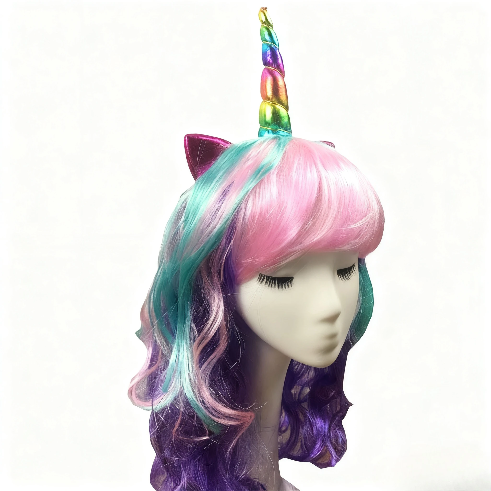 

Girls Colorful Unicorn Wave Synthetic Wig With Horn Women Rainbow Curly Wig Children's Party Christmas Gift Fiber Anime Headwear