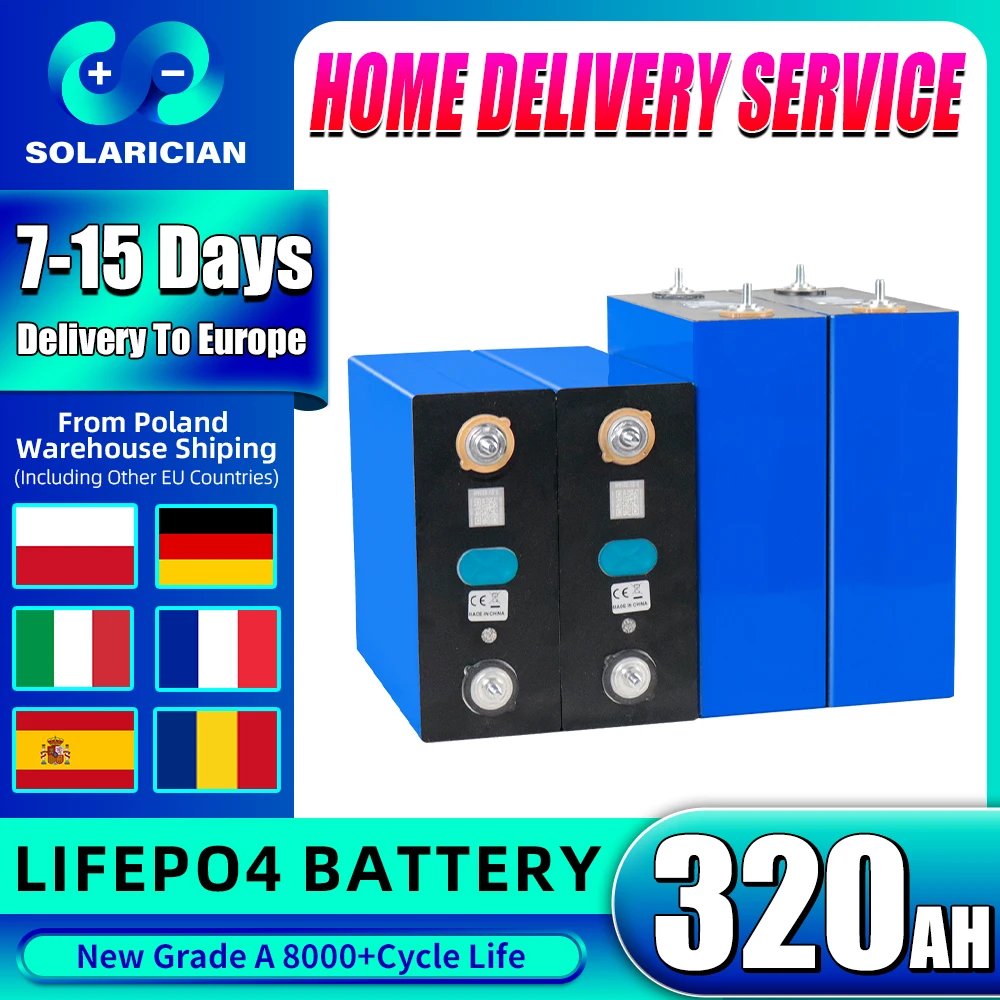 

EU Stock 8000 Cycle Grade A 320Ah LiFePO4 Battery 3.2V Rechargeable Battery DIY 12V 24V 48V Solar Lifepo4 Cell For RV EV Camping
