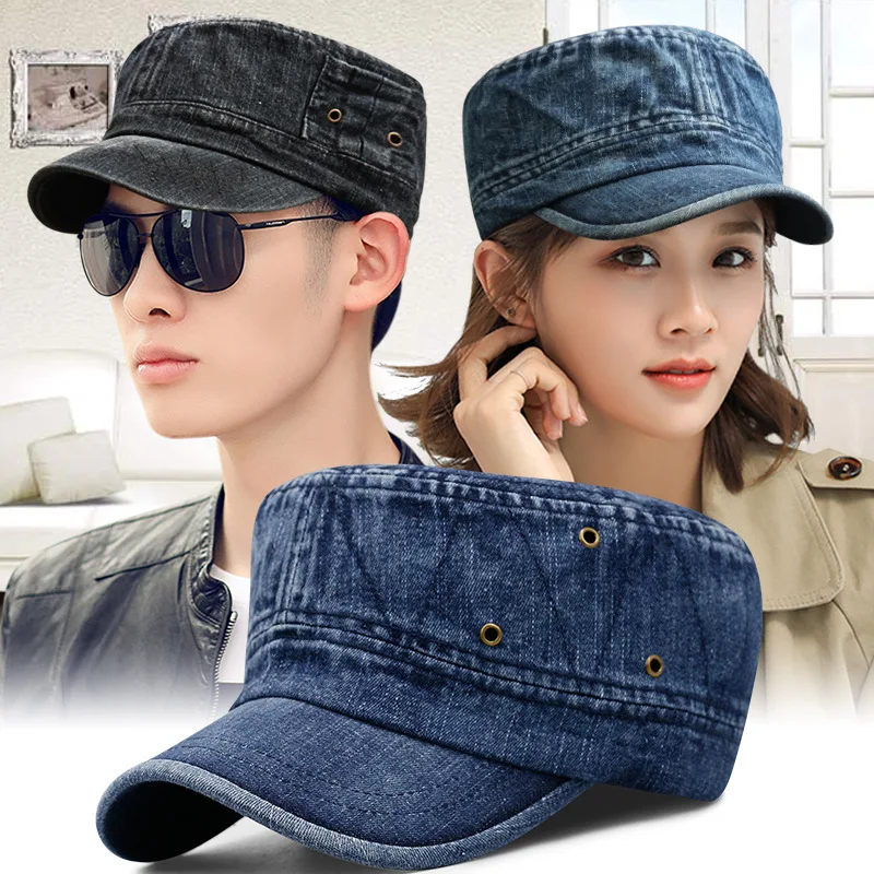 

Men Water-washed Old-fashioned Jeans Cloth Breathable Military Hat Outdoor Sun-proof Flat Top Hat Ladies Casual Duckbill Cap