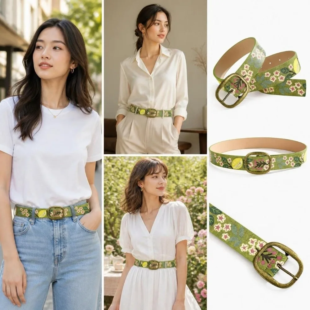 Antique Metal Buckle Canvas Waist Belt Pin Buckle Cottagecore Print Floral Print Belt Adjustable Green Floral Design