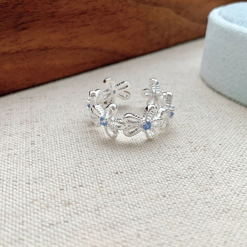 GANPUP Luxuriöser Blauer Kubischer Zirkonia Blumen Offener Fingerring für Frauen, Alltagsschmuck, Funkelnder Verstellbarer Ring, Hochzeitsgeschenk – Detail 1