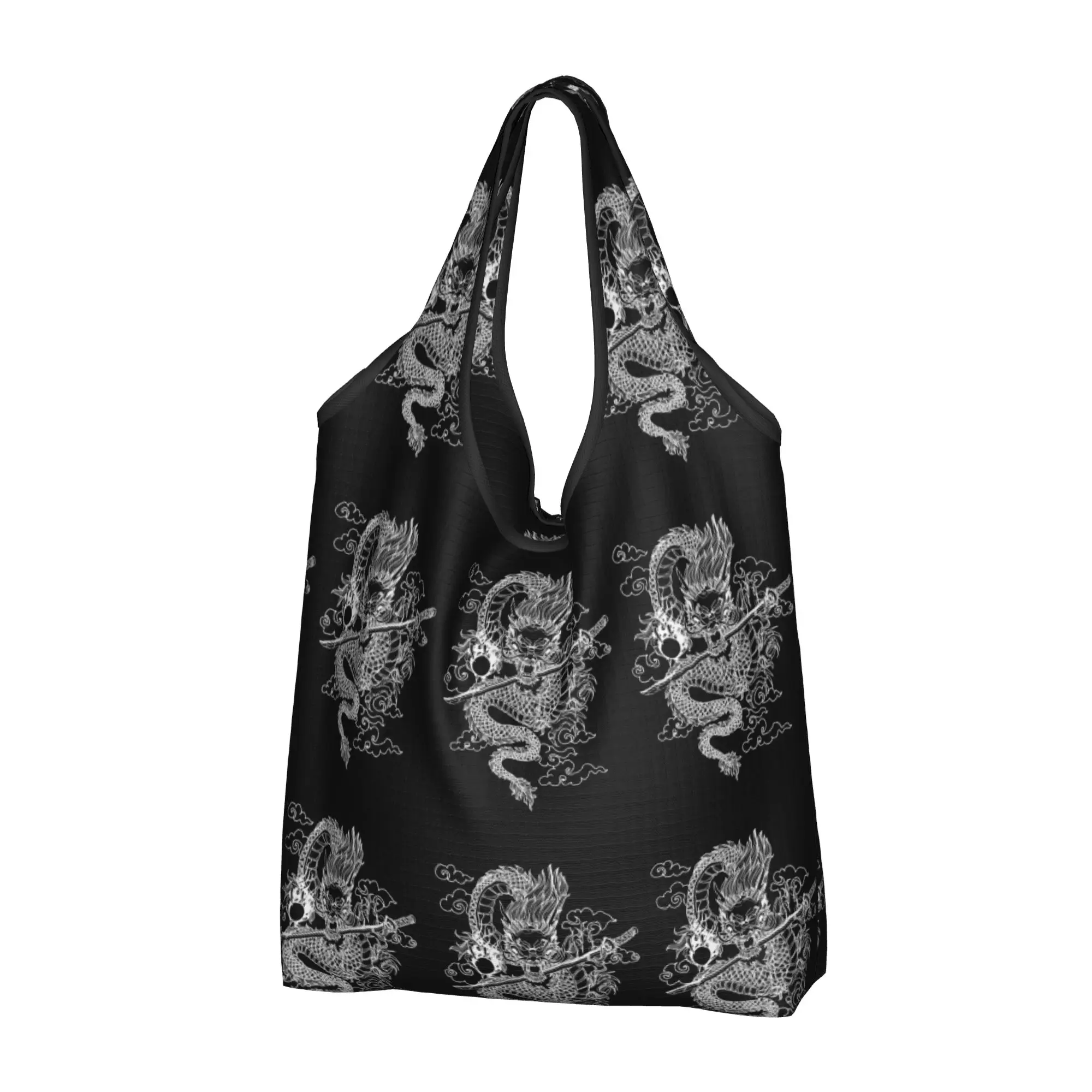 Custom Chinese Dragon Shopping Bag Women Portable Large Capacity Grocery Japanese Oriental Mythical Tote Shopper Bags