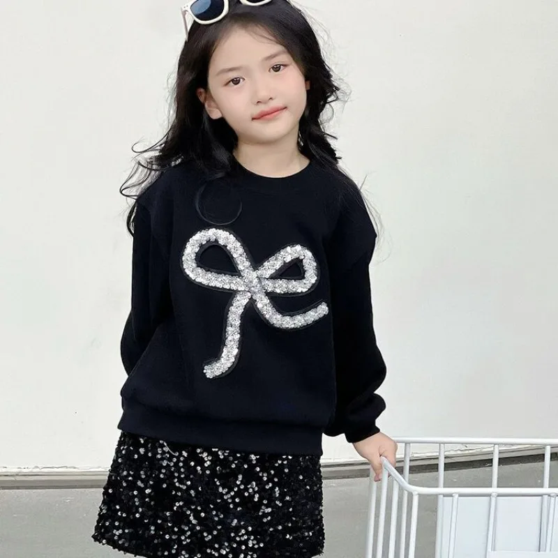 Girls Hoodie 2026 Autumn Winter Fleece Lined Sweatshirt Bow Knot Pullover Kids Warm Clothing Black